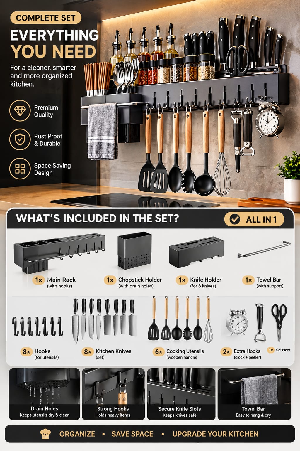 High-Quality Carbon Steel Kitchen Utensil Storage Rack