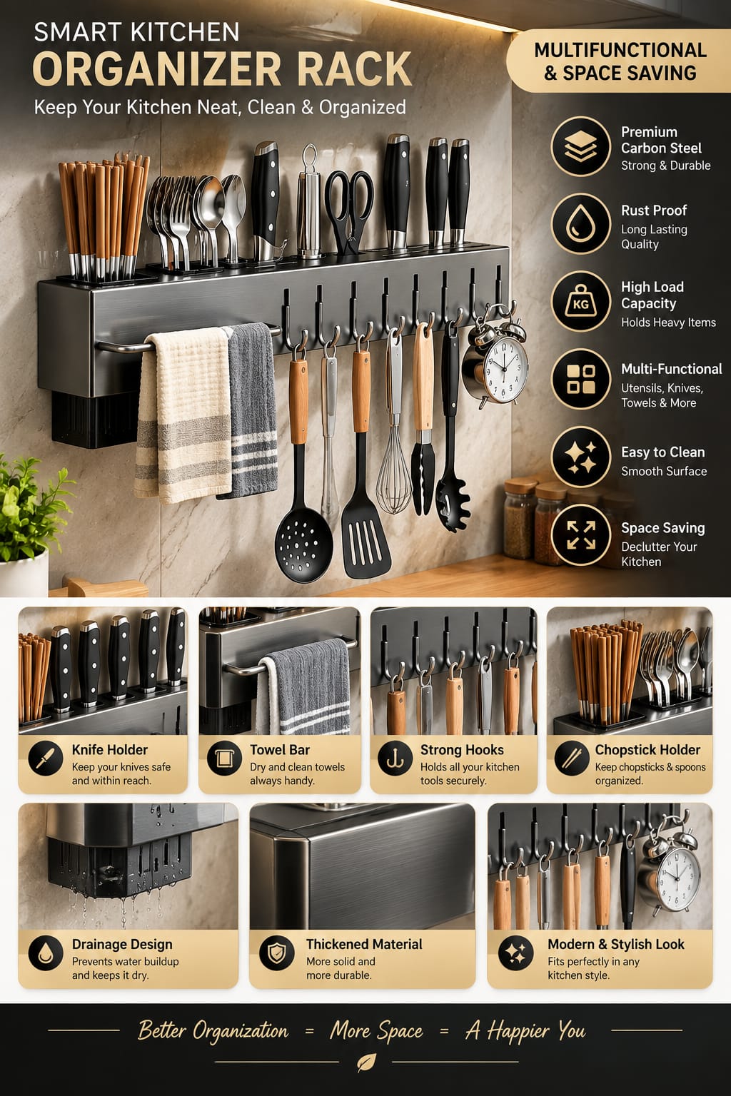 High-Quality Carbon Steel Kitchen Utensil Storage Rack