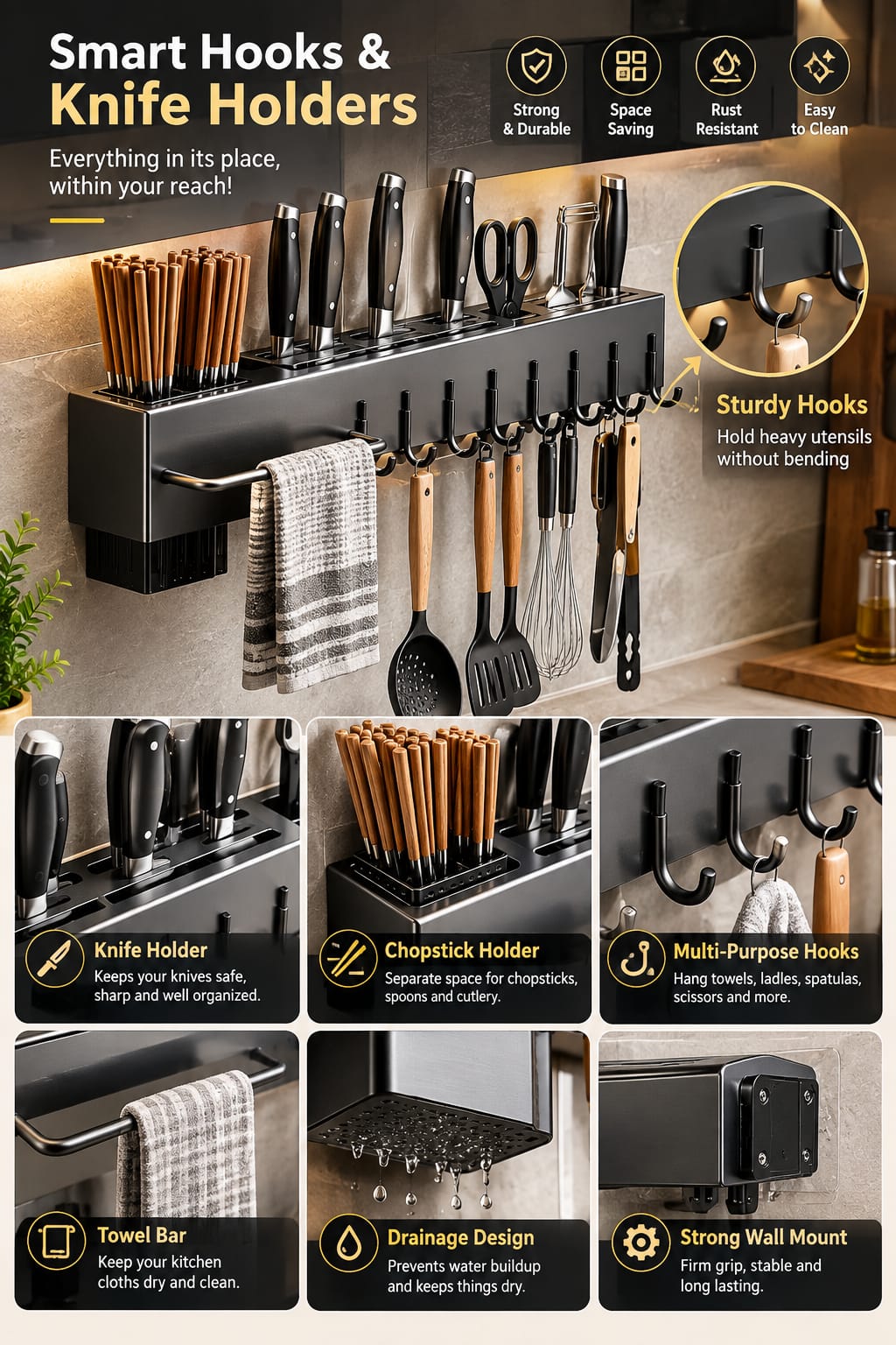 High-Quality Carbon Steel Kitchen Utensil Storage Rack