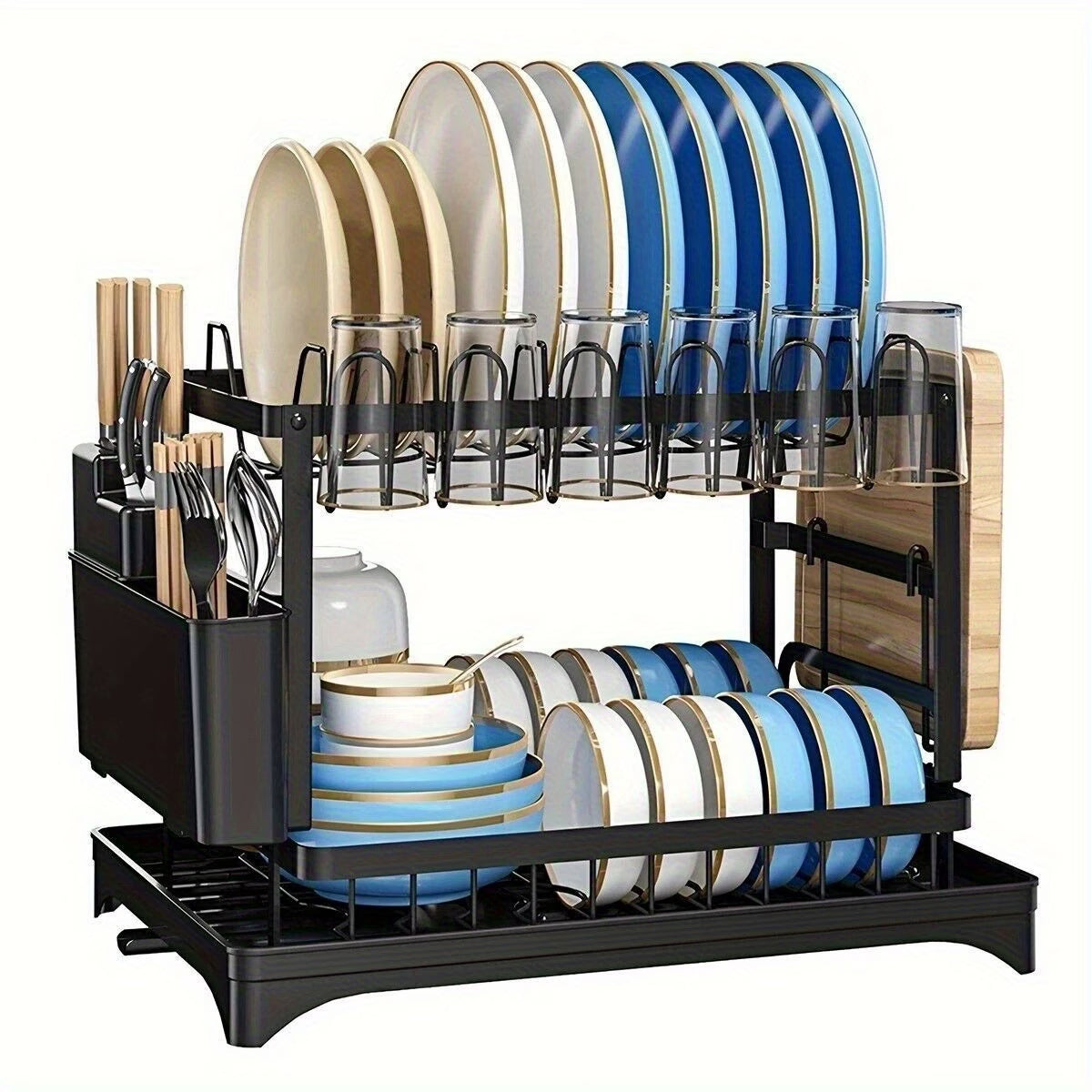 Large-Capacity Double-Layer Carbon Steel Kitchen Bowl Rack
