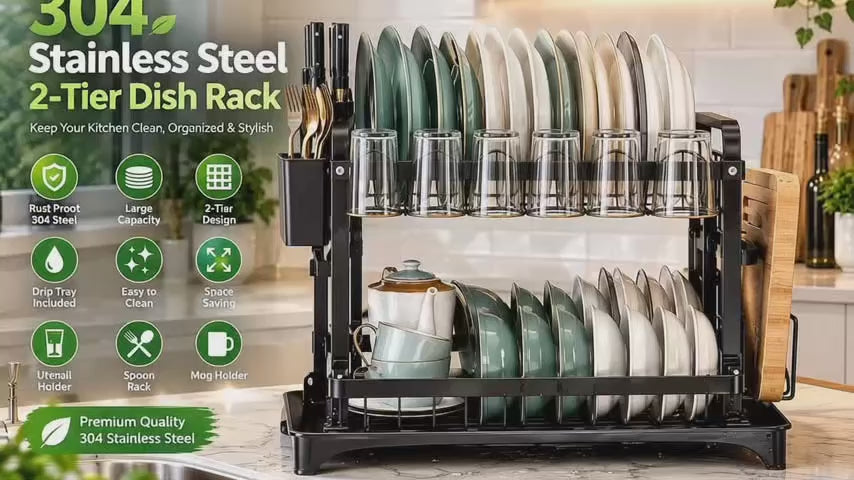Large-Capacity Double-Layer Carbon Steel Kitchen Bowl Rack